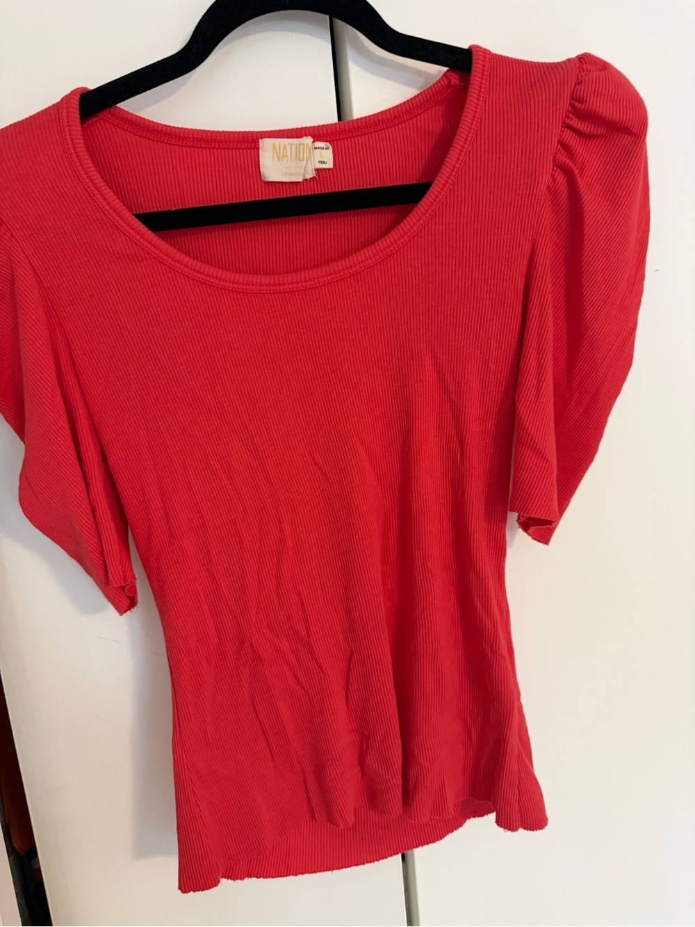 Nation LTD Red Ribbed Puff-Sleeve Short Sleeve Top - Picture 1 of 1
